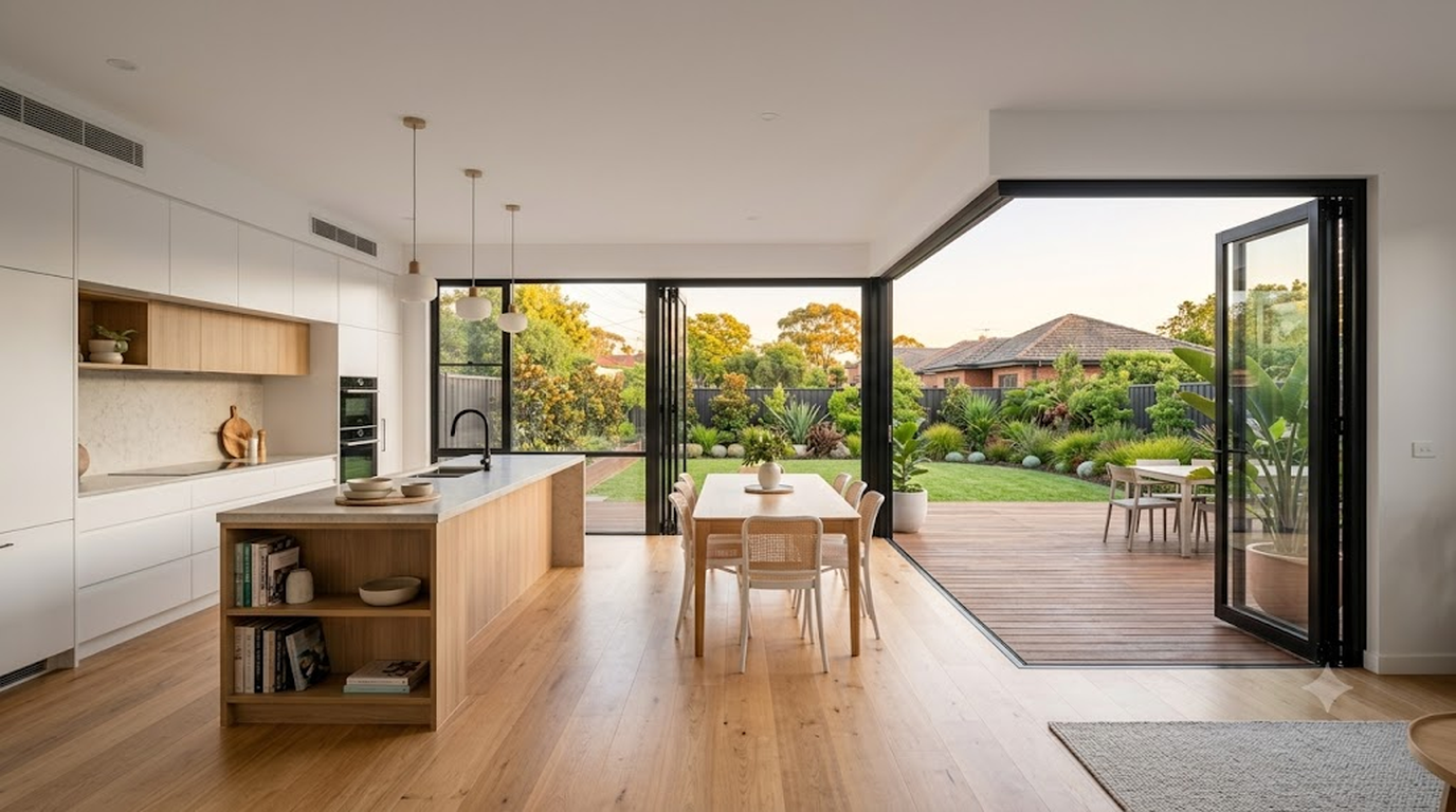 Open-plan home extension kitchen and outdoor living