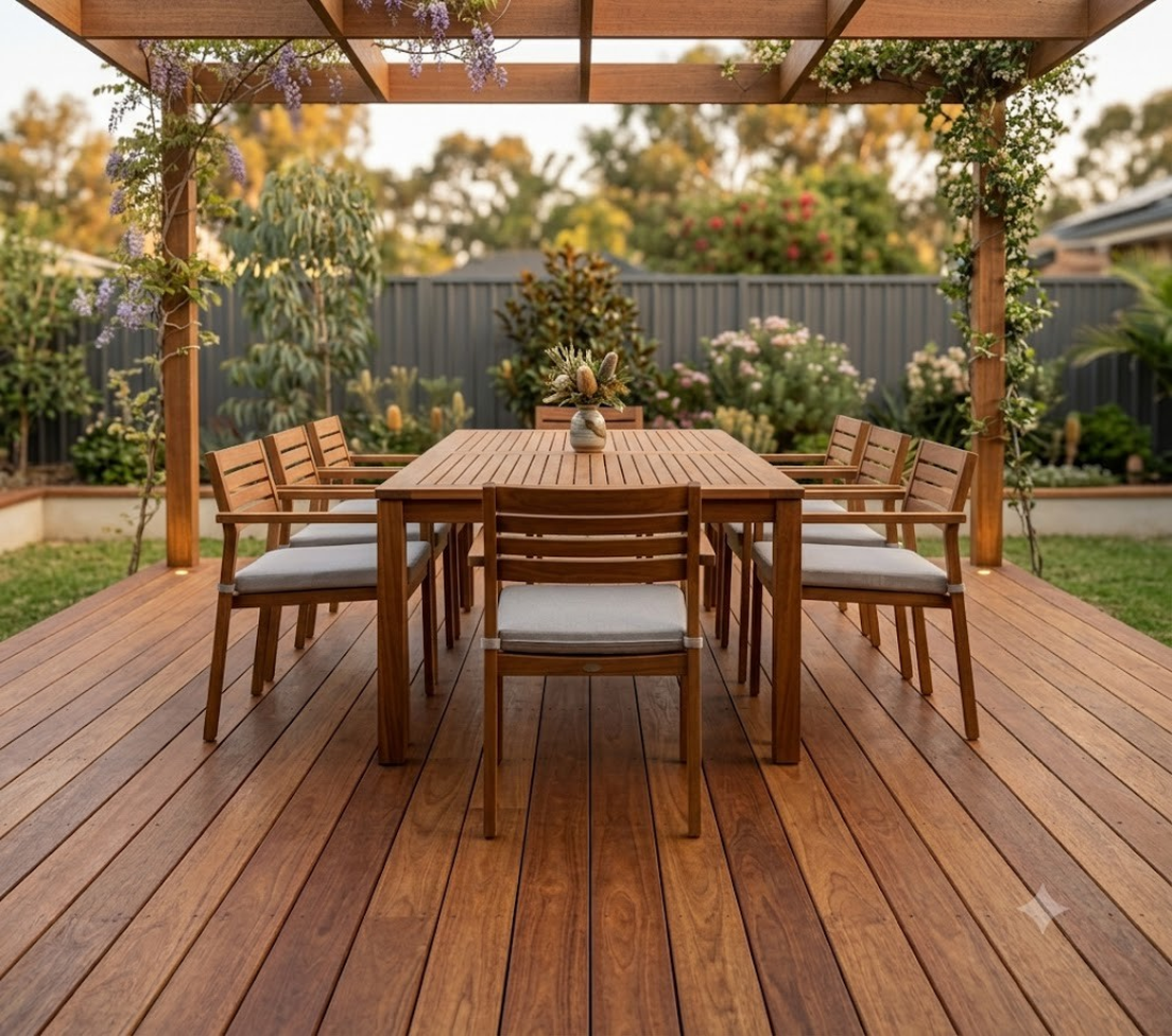 Hardwood deck dining under pergola