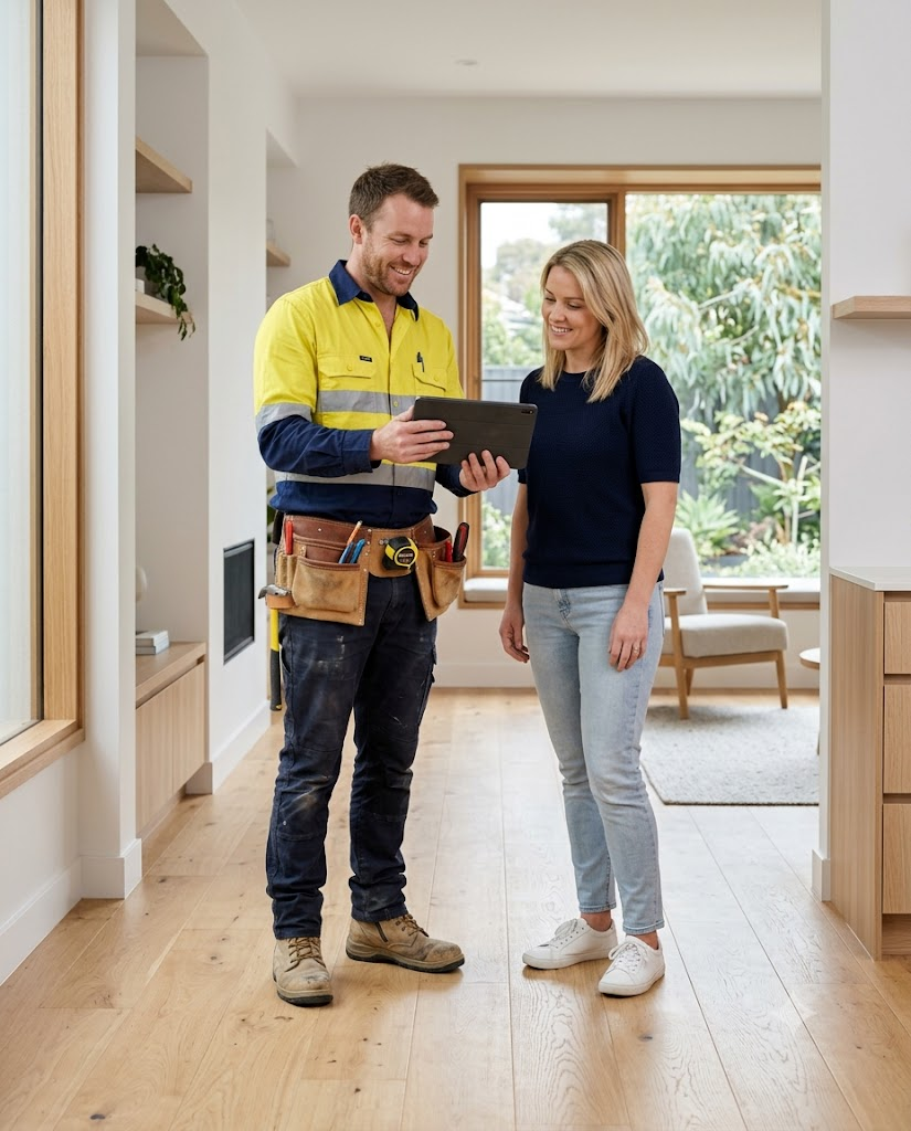 Aussiefixtech tradie discussing a project with a homeowner